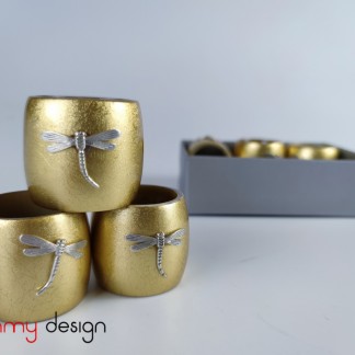 Set of 6 gold napkin rings attached with dragonfly